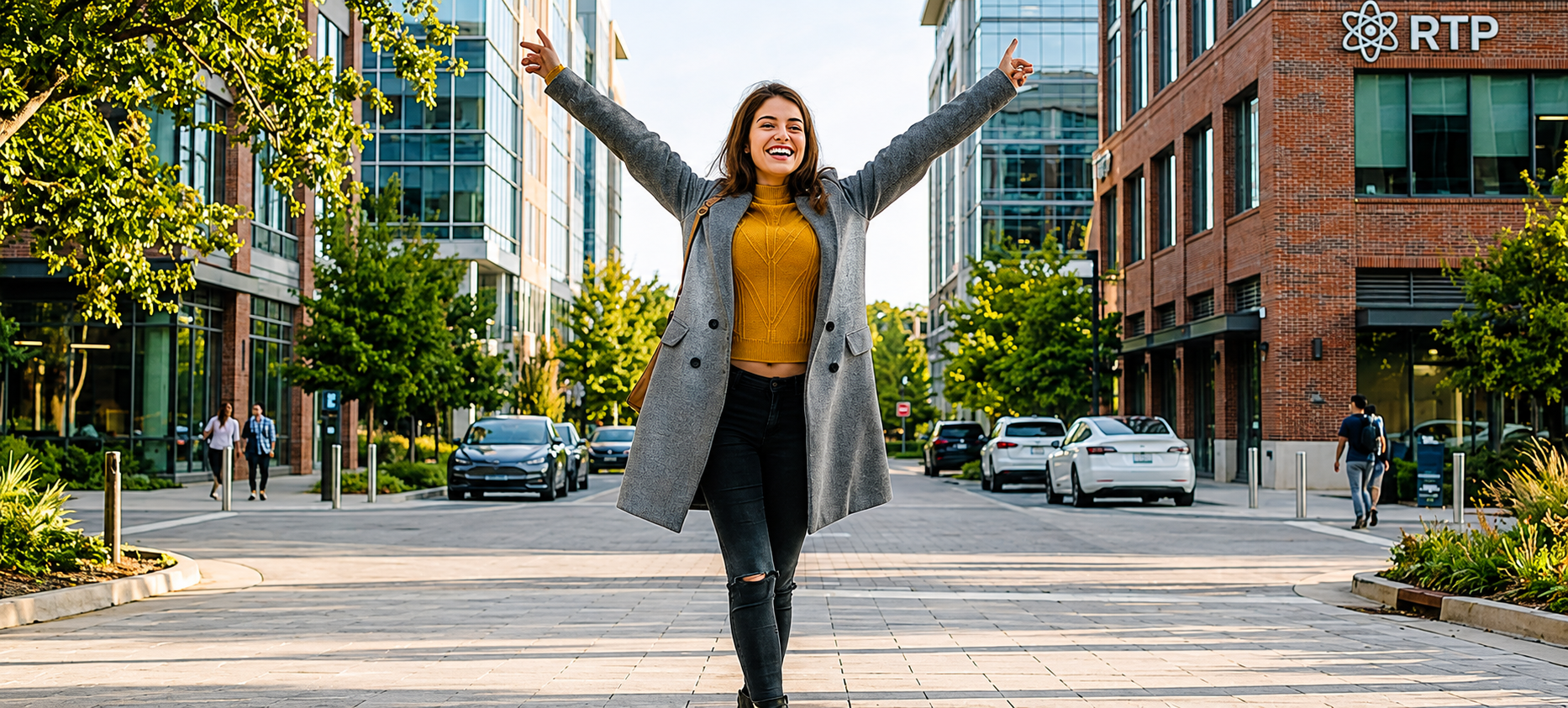 Smiling woman outdoors near RTP with arms raised in celebration